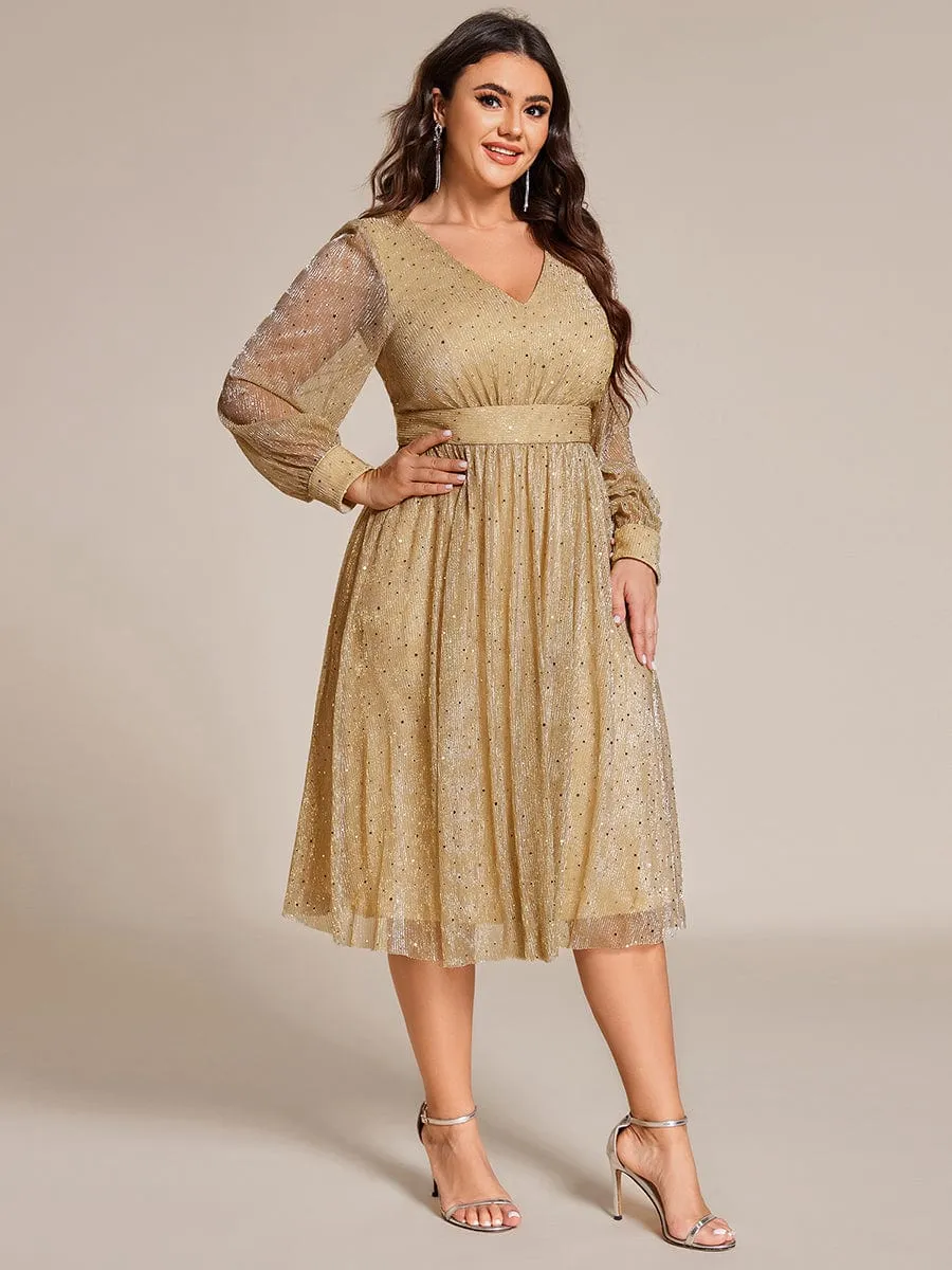 Plus Size Glitter Midi Wedding Guest Dress with Long Sleeves