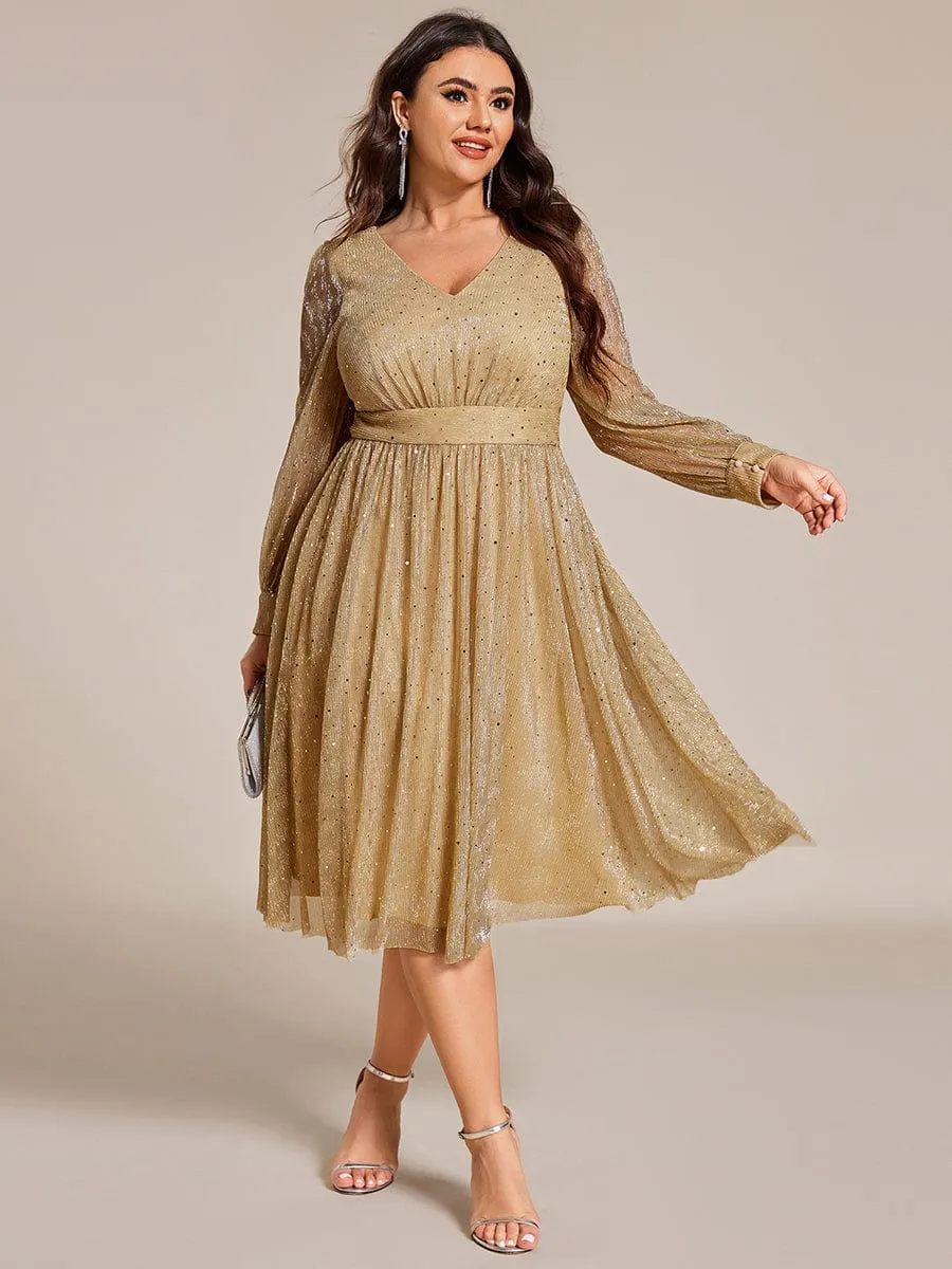 Plus Size Glitter Midi Wedding Guest Dress with Long Sleeves