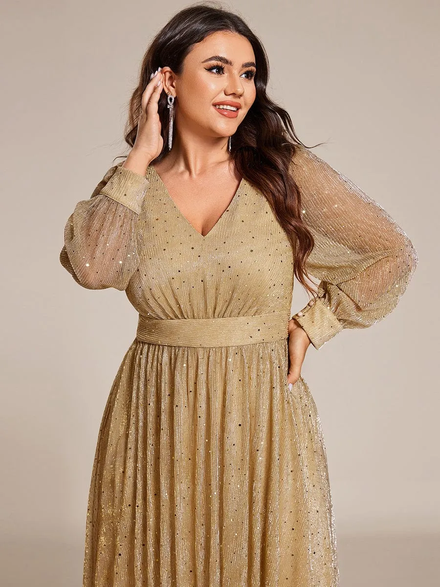 Plus Size Glitter Midi Wedding Guest Dress with Long Sleeves