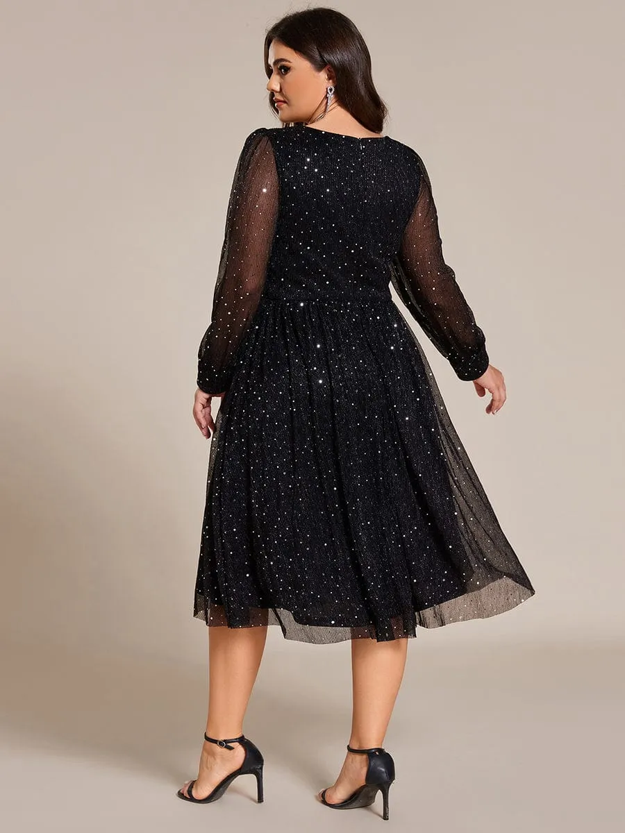 Plus Size Glitter Midi Wedding Guest Dress with Long Sleeves