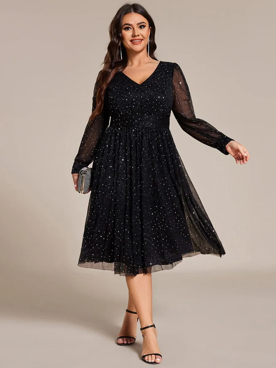 Plus Size Glitter Midi Wedding Guest Dress with Long Sleeves