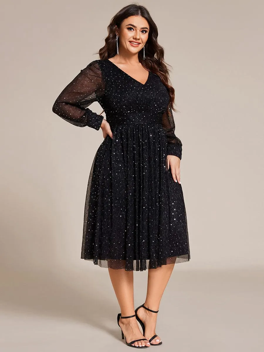 Plus Size Glitter Midi Wedding Guest Dress with Long Sleeves