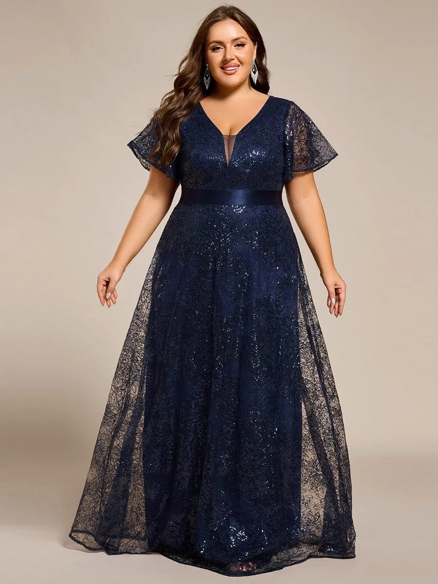 Plus Size Illusion Sequin V-neck Short Sleeve Maxi Formal Dress