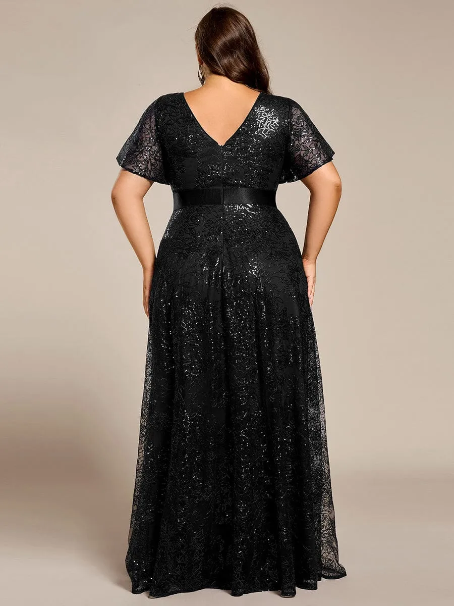 Plus Size Illusion Sequin V-neck Short Sleeve Maxi Formal Dress