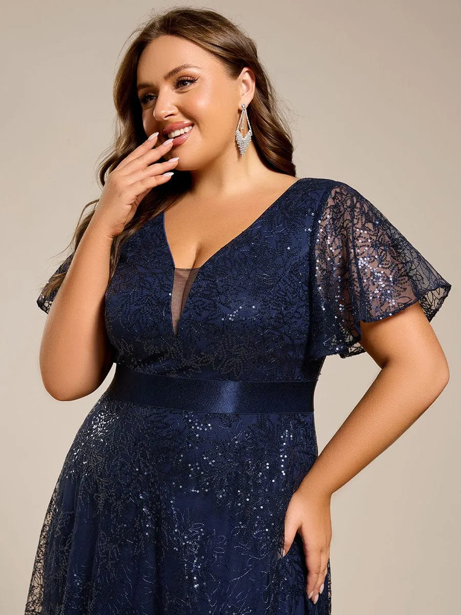 Plus Size Illusion Sequin V-neck Short Sleeve Maxi Formal Dress