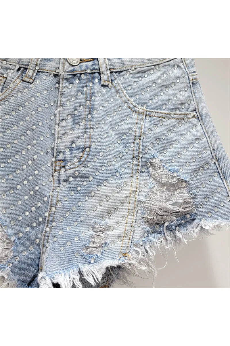 PM0190 Rhinestones Denim Shorts