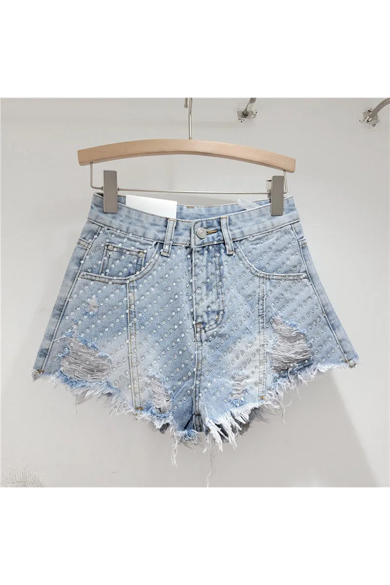 PM0190 Rhinestones Denim Shorts