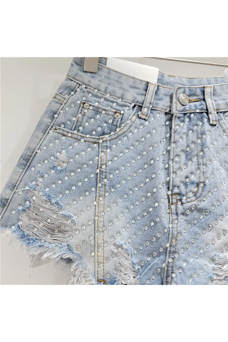 PM0190 Rhinestones Denim Shorts