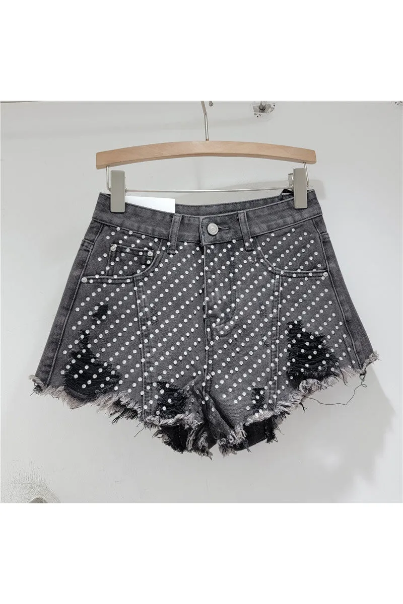 PM0190 Rhinestones Denim Shorts