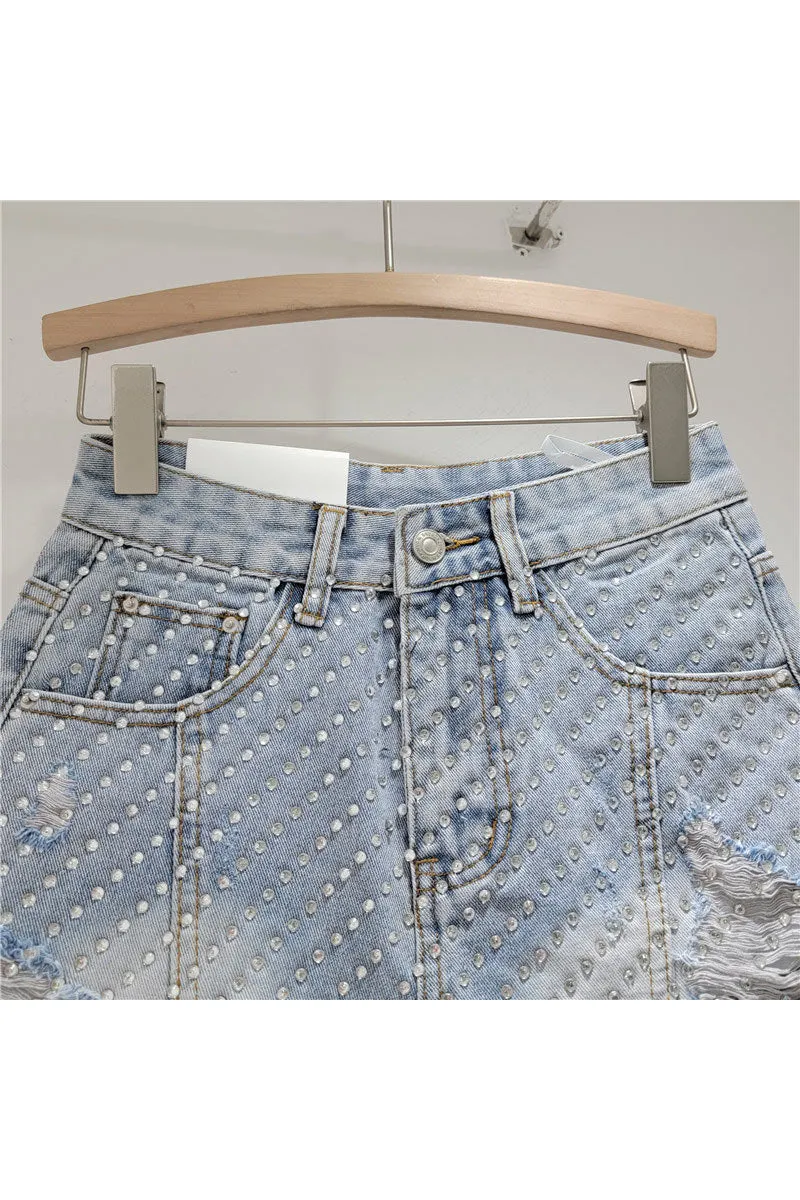 PM0190 Rhinestones Denim Shorts