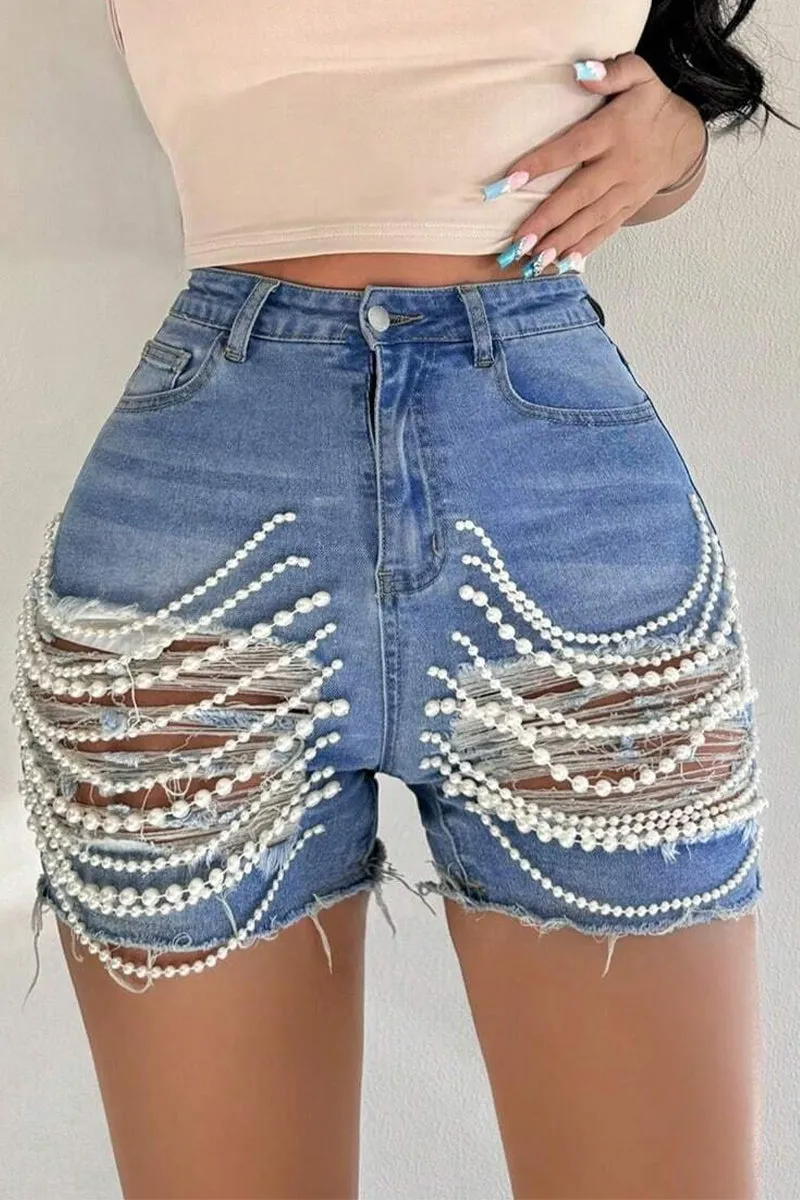 PR3071 Pearls Fringes Denim Shorts