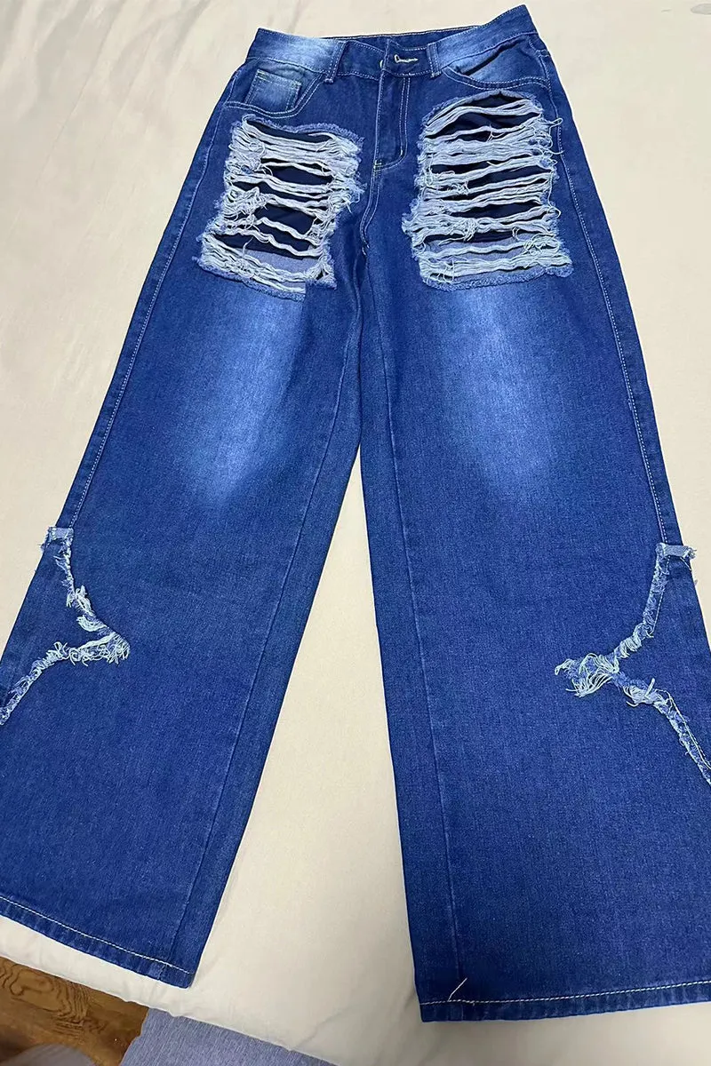 PR3072 Ripped Denim Wide Leg Jeans Pant