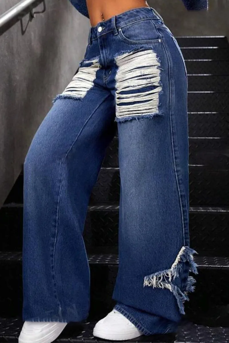 PR3072 Ripped Denim Wide Leg Jeans Pant