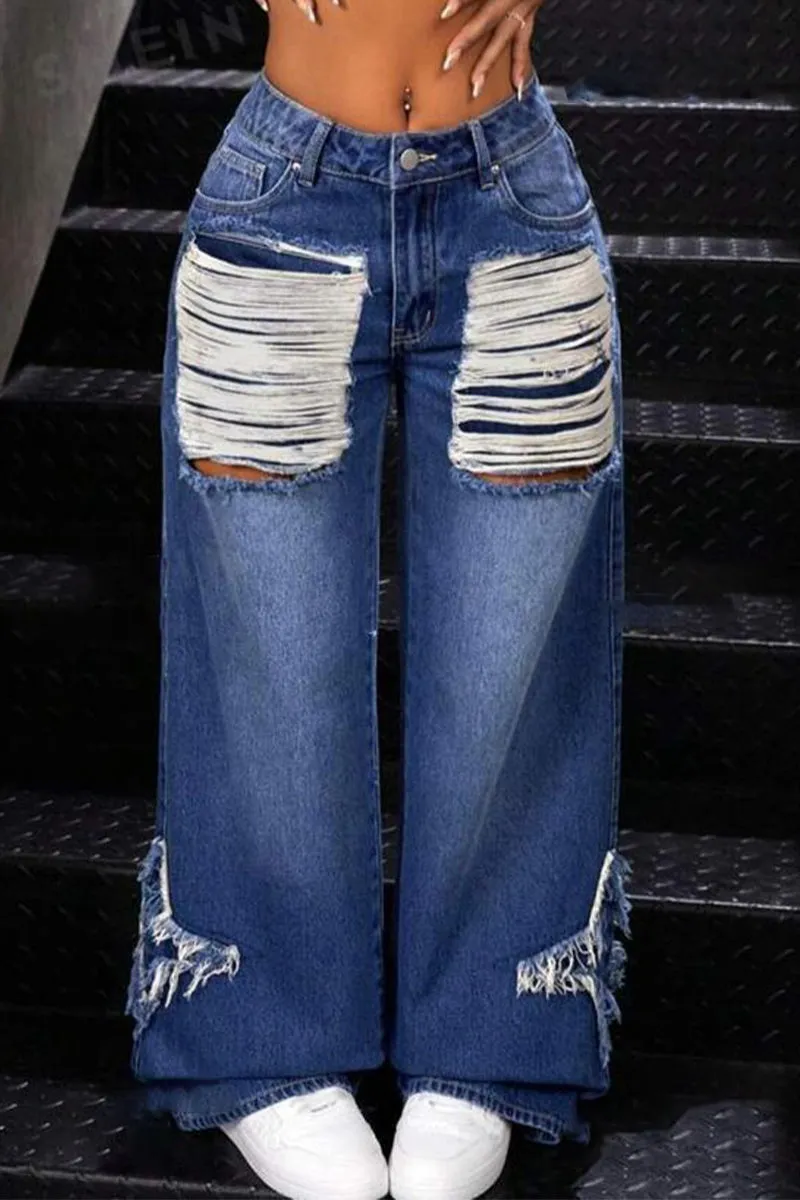 PR3072 Ripped Denim Wide Leg Jeans Pant