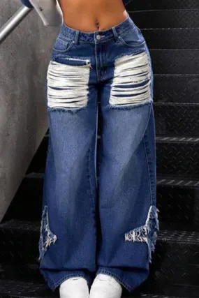 PR3072 Ripped Denim Wide Leg Jeans Pant