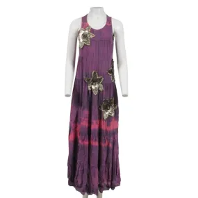 Purple Tie Dye Silk Star Embroidered Sun Maxi Long Dress