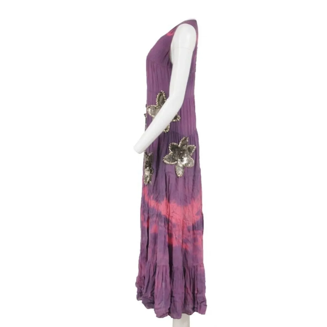 Purple Tie Dye Silk Star Embroidered Sun Maxi Long Dress