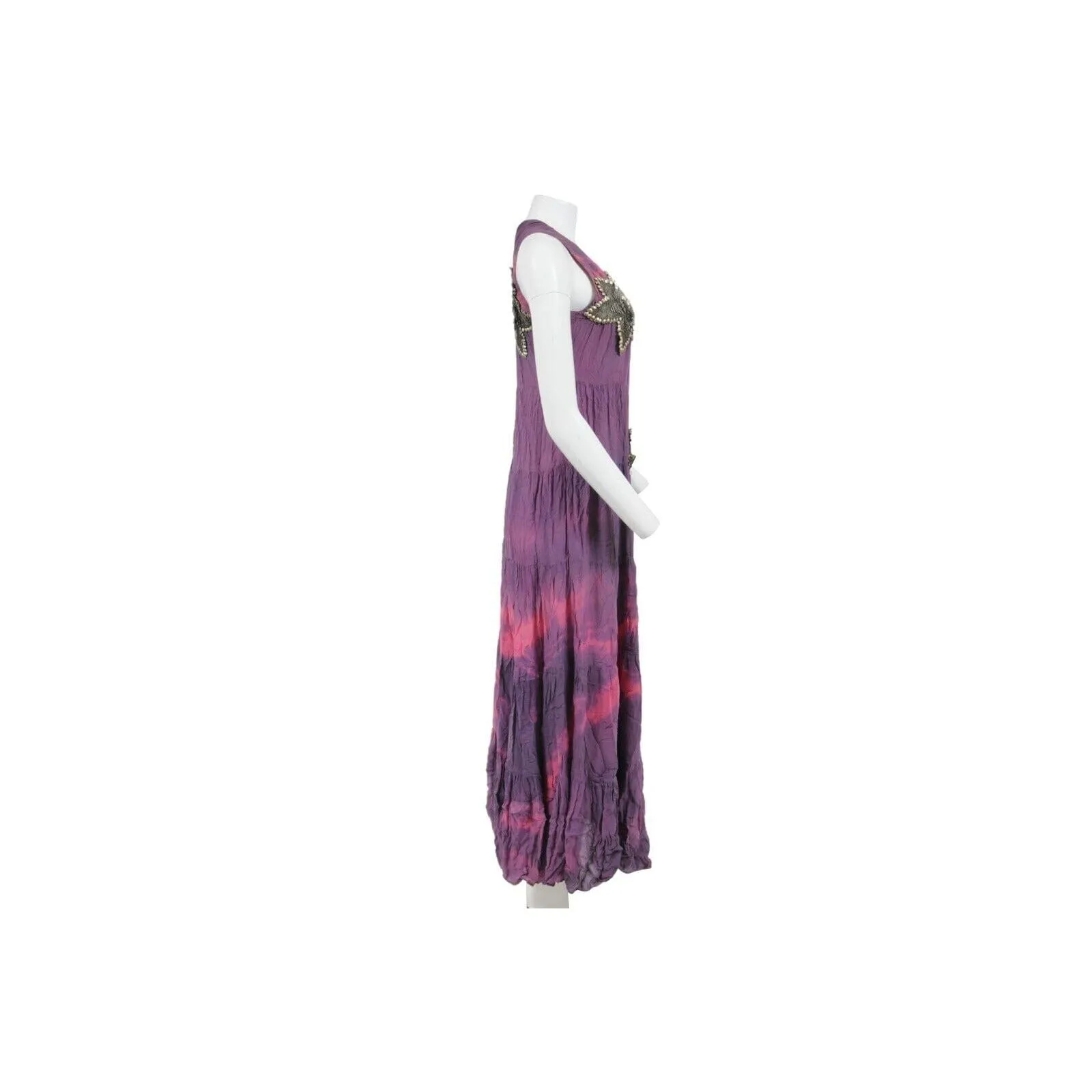 Purple Tie Dye Silk Star Embroidered Sun Maxi Long Dress