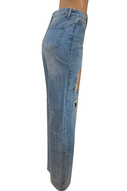 PZ298 Distressed Denim Straight Pants