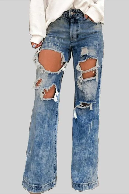 PZ298 Distressed Denim Straight Pants