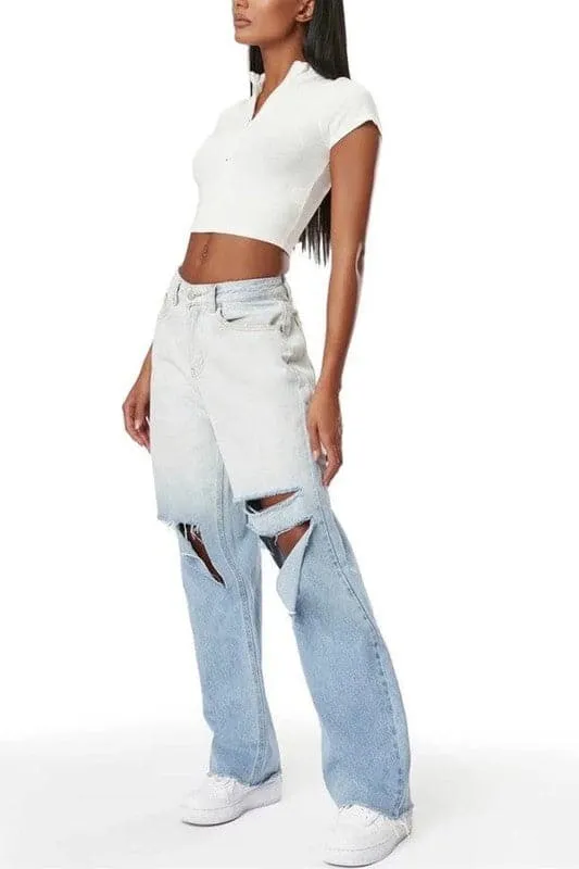 PZ409 Ripped Cutout Long Jeans