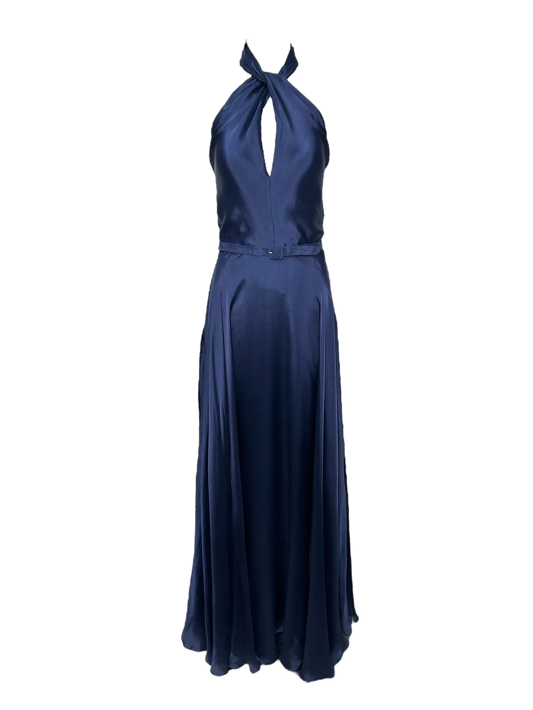 Ralph Lauren Purple Label Navy Cross Halter Silk Gown