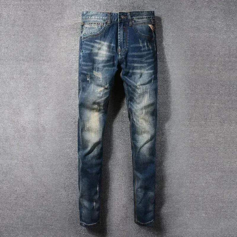 Retro Washed Navy Slim Fit Ripped Jeans