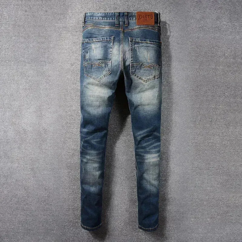 Retro Washed Navy Slim Fit Ripped Jeans