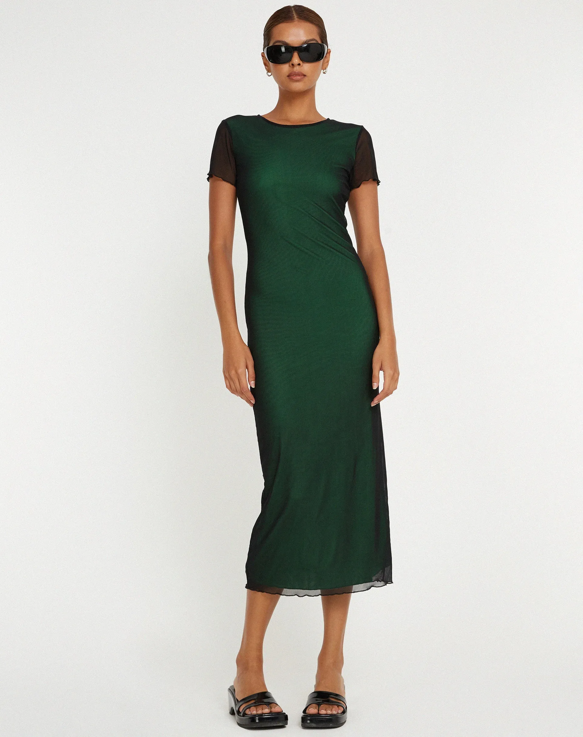 Roska Midi Dress in Black with Vibrant Green Lining