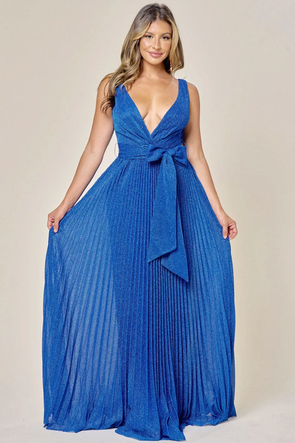 Royal Blue Sparkle V Neck Pleated Maxi Dress