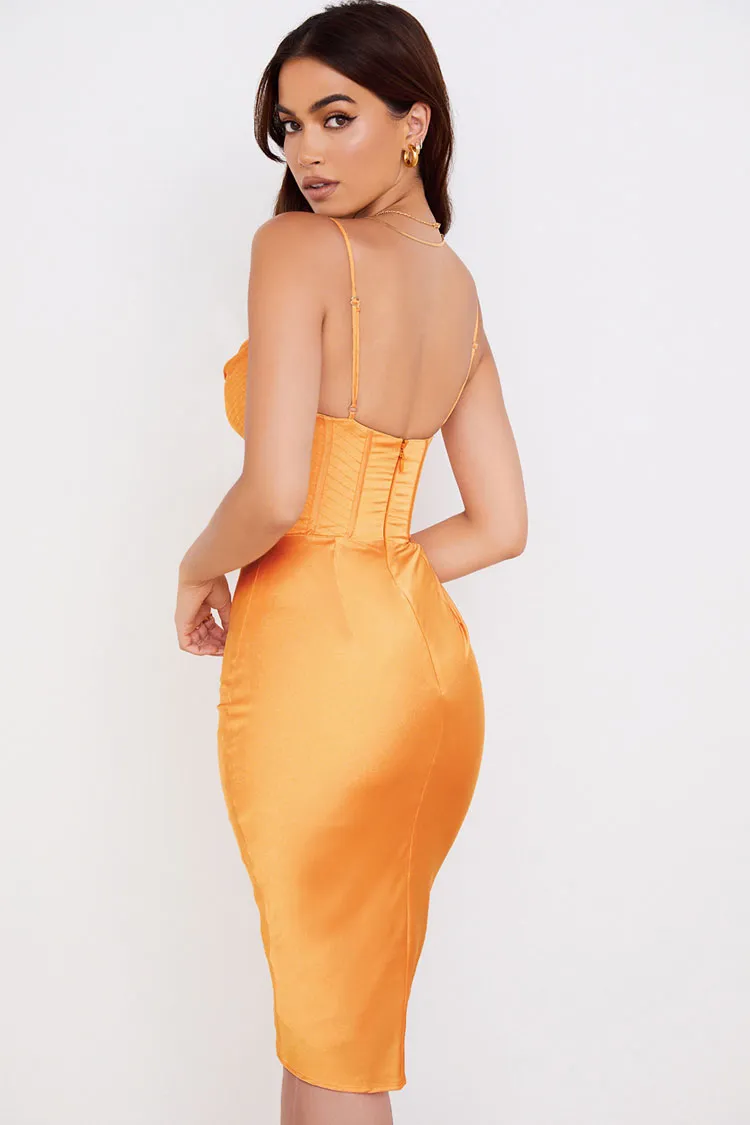 Silky Cowl Neck Corset Satin Midi Cocktail Dress - Burnt Orange