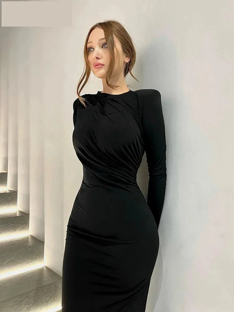 Sleek Noir Ruche Evening Midi Dress