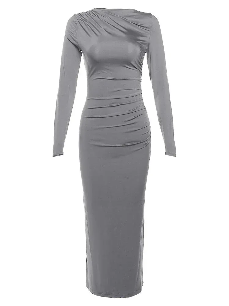 Sleek Noir Ruche Evening Midi Dress