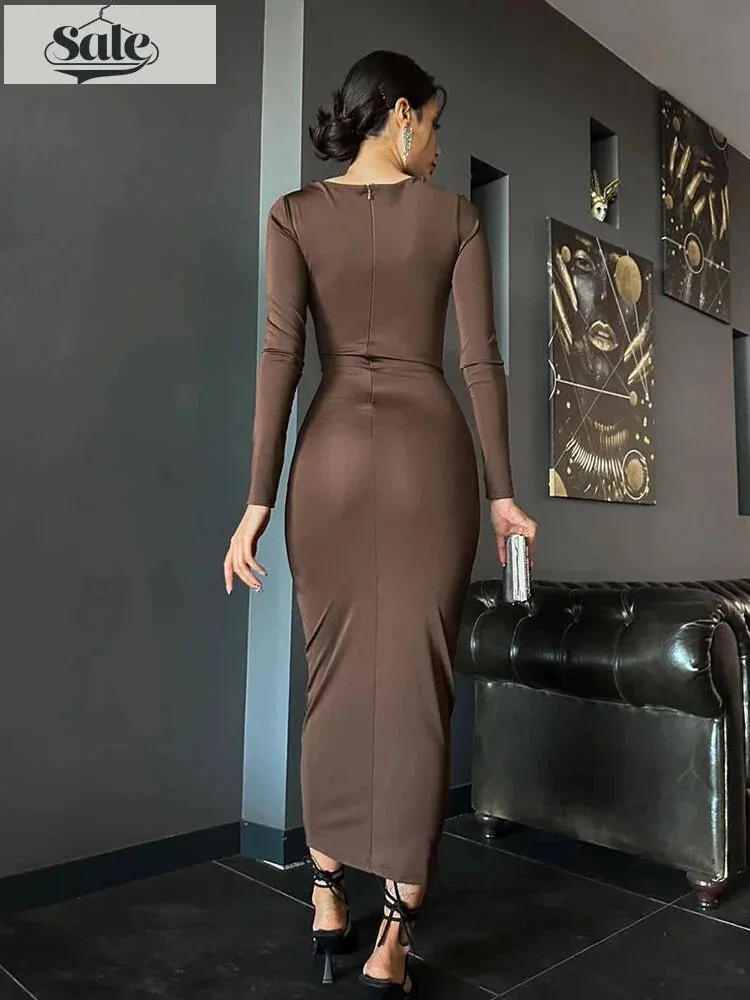 Sleek Noir Ruche Evening Midi Dress