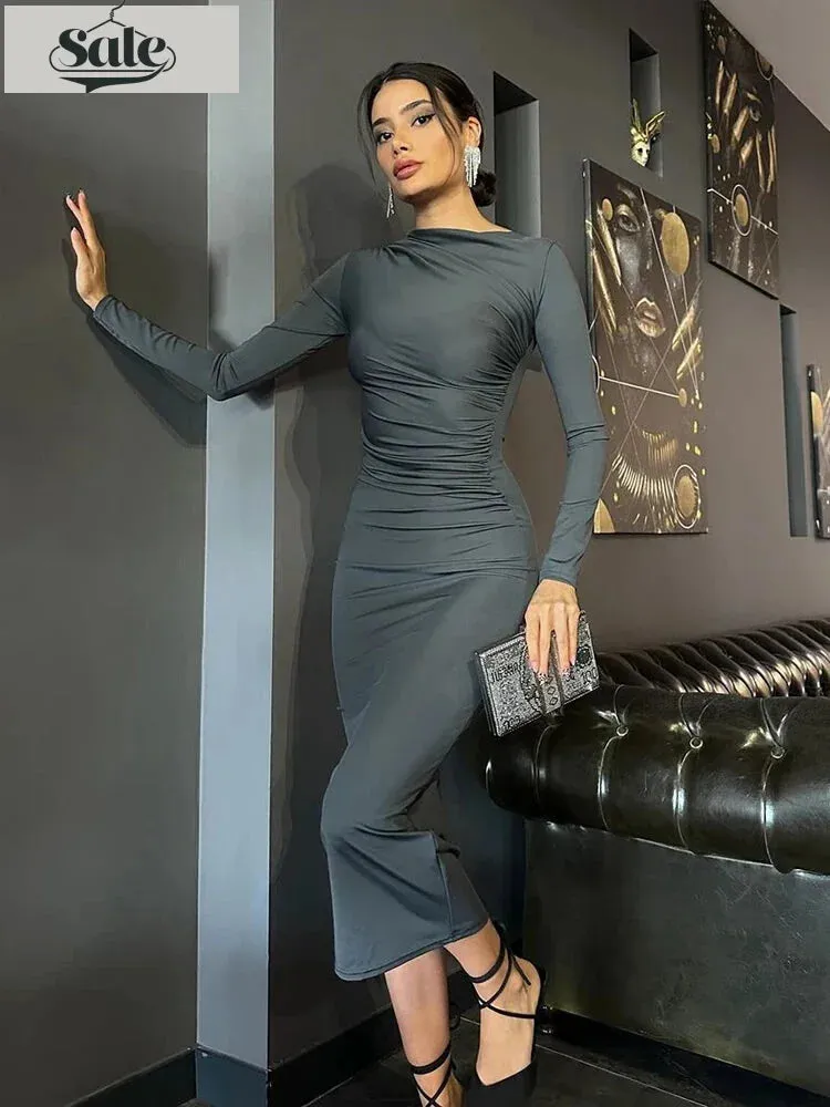 Sleek Noir Ruche Evening Midi Dress