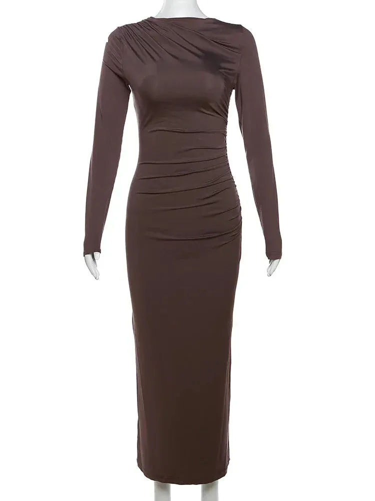 Sleek Noir Ruche Evening Midi Dress