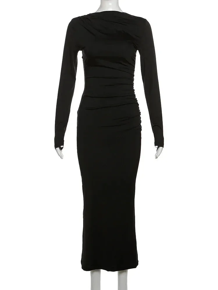 Sleek Noir Ruche Evening Midi Dress