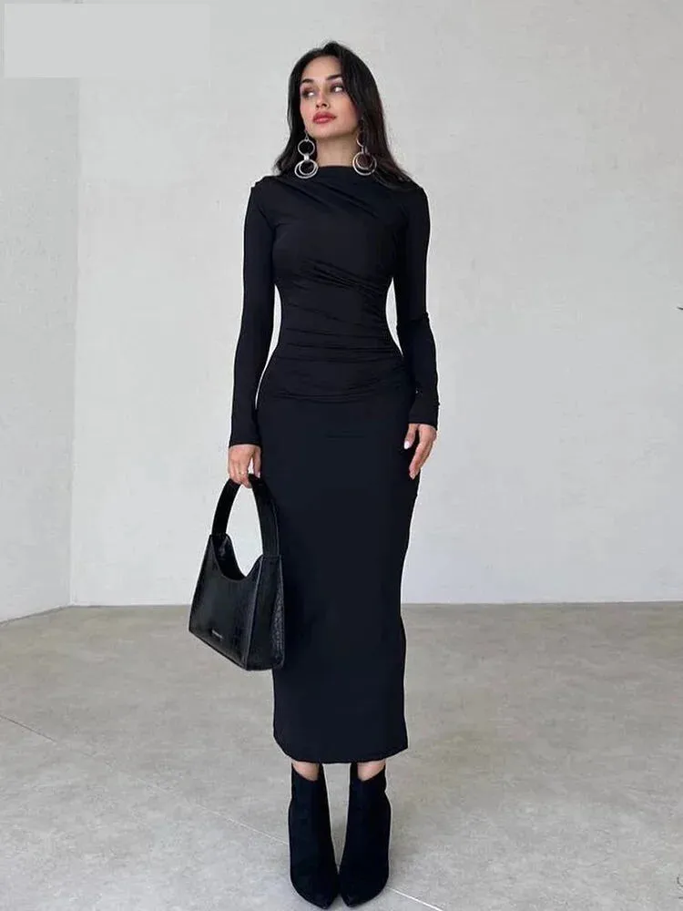 Sleek Noir Ruche Evening Midi Dress