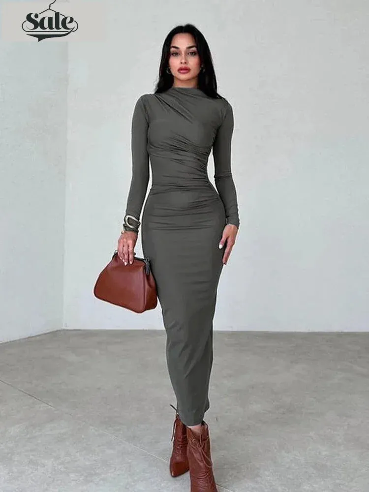 Sleek Noir Ruche Evening Midi Dress