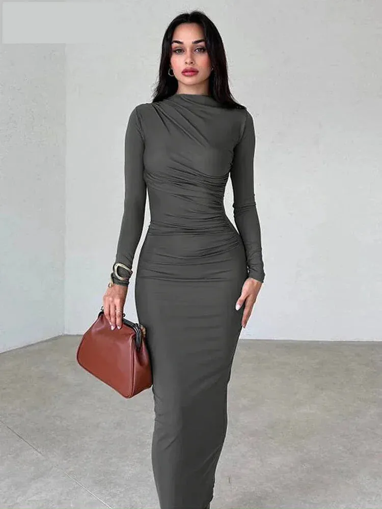 Sleek Noir Ruche Evening Midi Dress