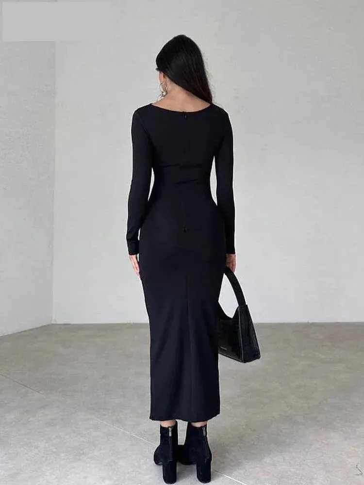 Sleek Noir Ruche Evening Midi Dress