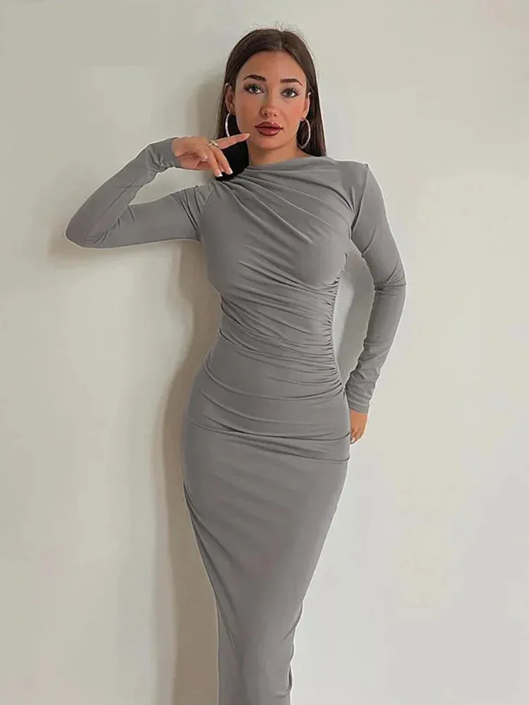 Sleek Noir Ruche Evening Midi Dress