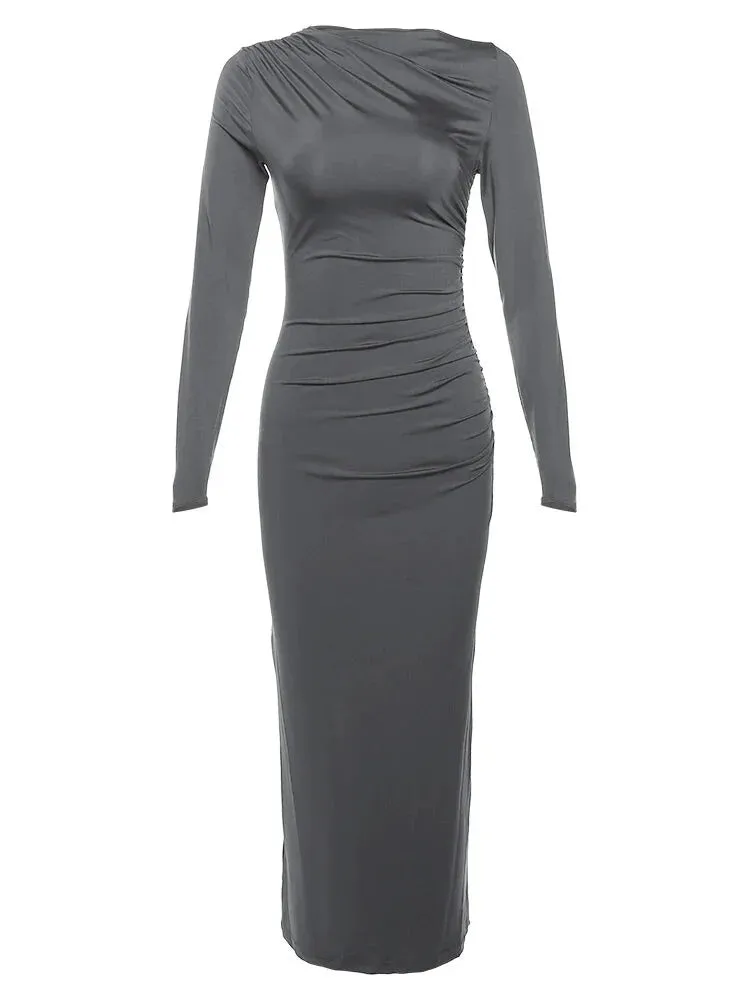 Sleek Noir Ruche Evening Midi Dress