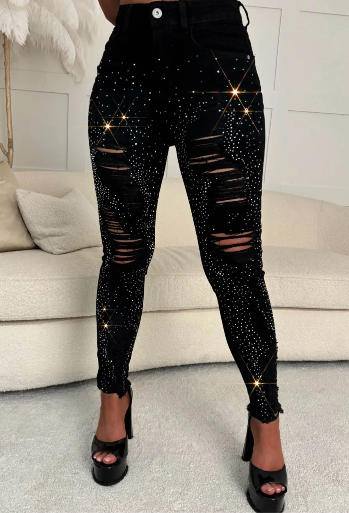 Sparkle Days Black Sparkle Ripped Stretch Jeans