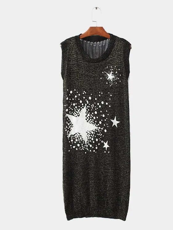 Wholesale Black Round Neck Sleeveless Star Midi Dress