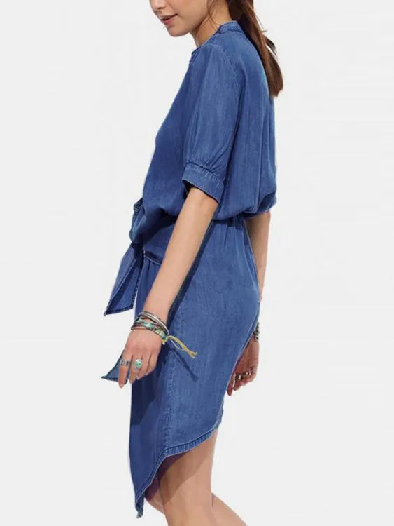 Wholesale Blue Short Sleeve Curved Hem Midi Dress