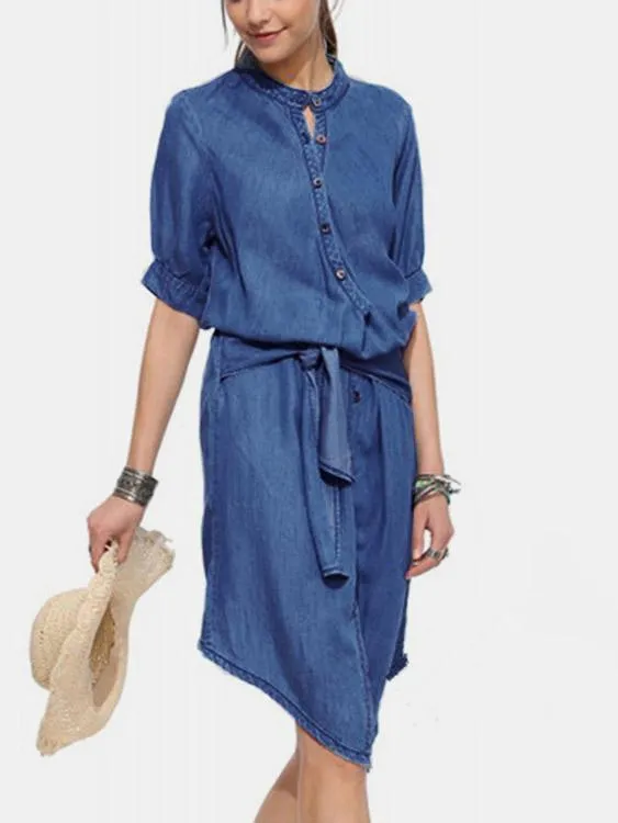 Wholesale Blue Short Sleeve Curved Hem Midi Dress