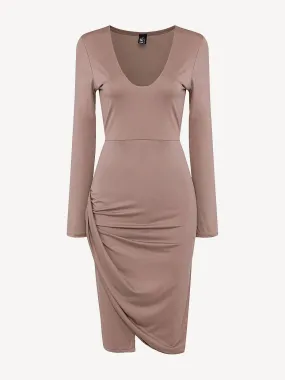 Wholesale Khaki Deep V Neck Long Sleeve Plain Irregular Hem Midi Dress