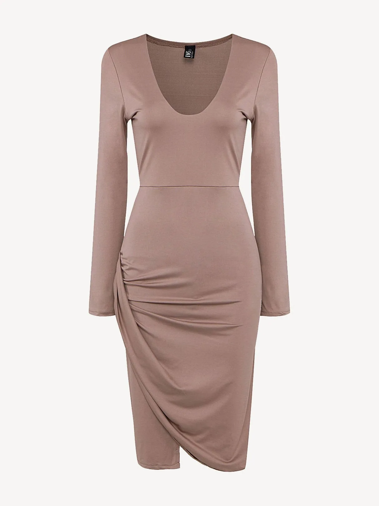 Wholesale Khaki Deep V Neck Long Sleeve Plain Irregular Hem Midi Dress