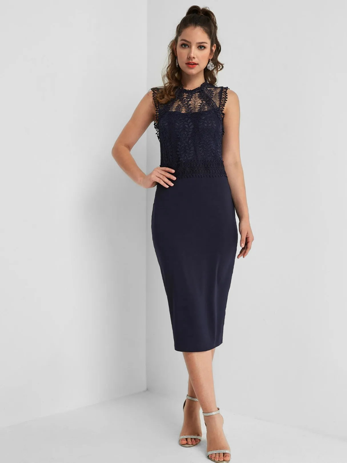 Wholesale Navy Sleeveless Lace Slit Hem Midi Dress